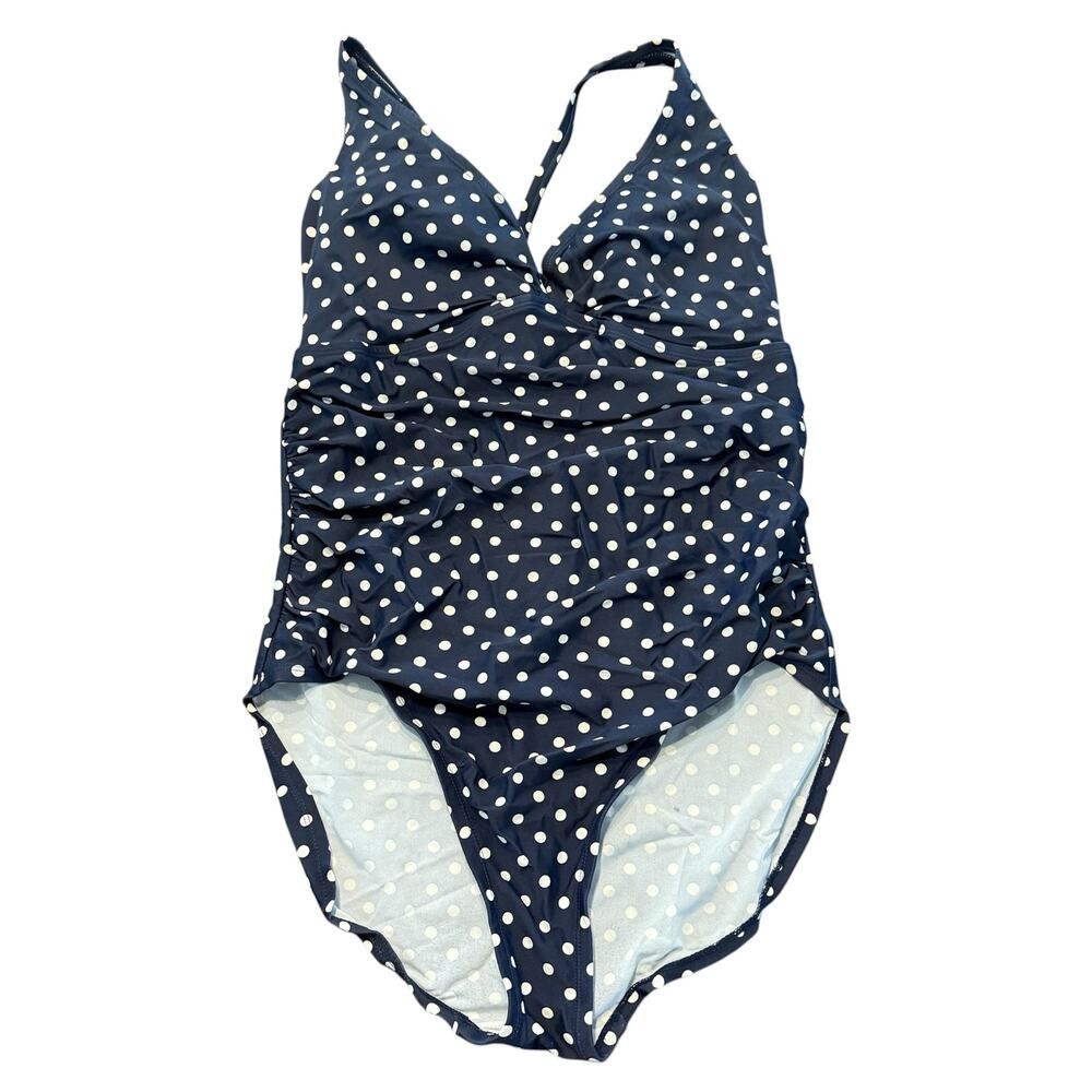 Merona Maternity navy blue swim suit with polka dots, rouching, adjustable, XL